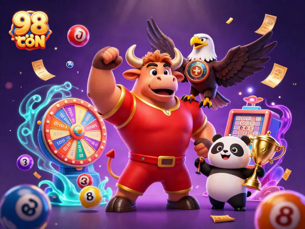 Celebrate wins at 98 WIN COM with a vibrant scene featuring a victorious bull mascot, eagle, and trophy.