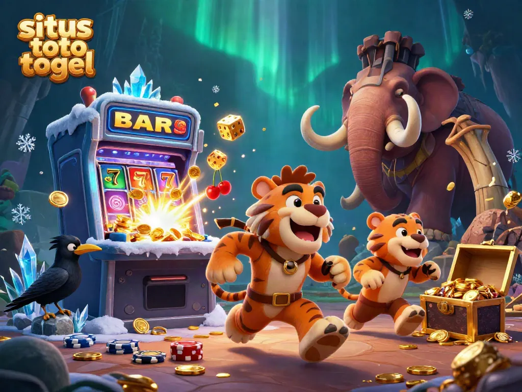 Experience the thrill of situs toto togel with a vibrant casino scene featuring 3D cartoon characters and dynamic gaming elements.
