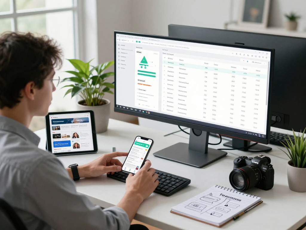 Purchase app installs strategies in a modern marketing workspace with app analytics displayed on dual monitors.