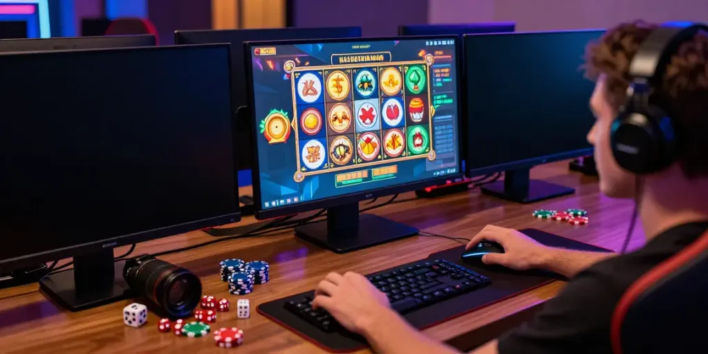 Pemain terlibat dalam permainan slot777 di komputer dengan suasana yang menyenangkan dan cahaya LED.