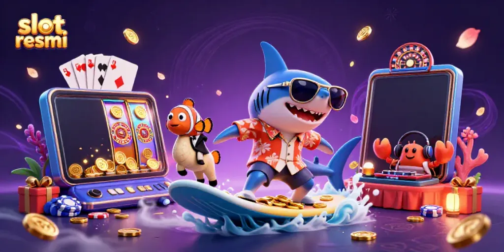 Engage with slot resmi via colorful gaming adventure featuring vibrant characters and casino elements.
