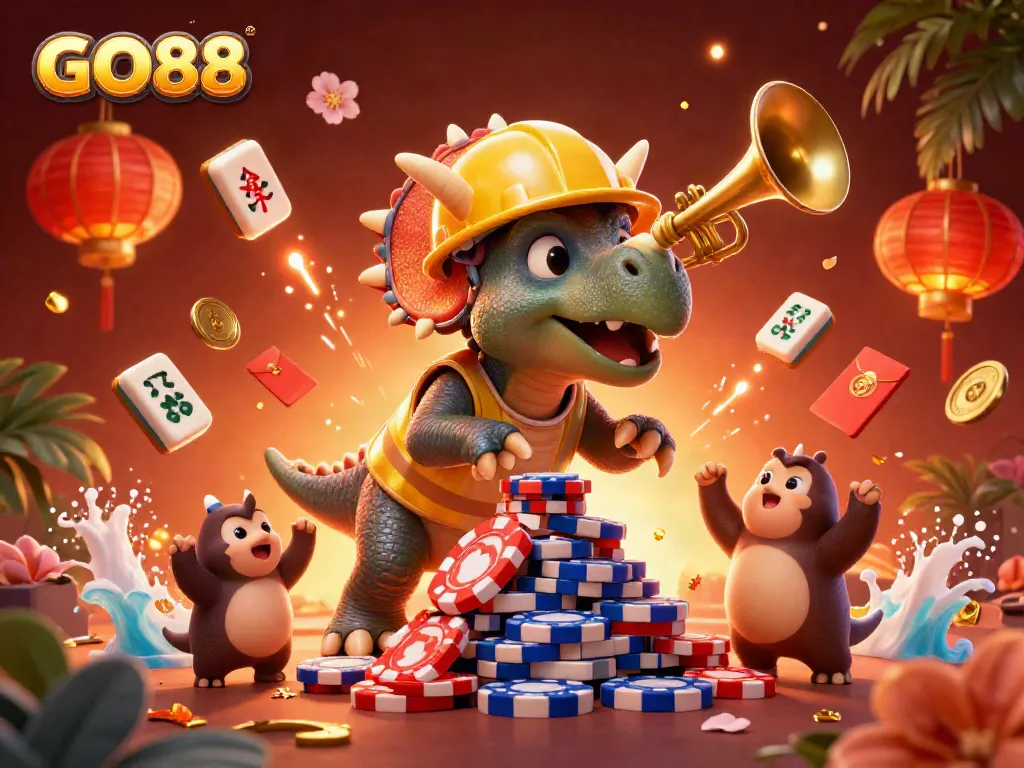 GO88 features a joyful triceratops building a poker chip pyramid in a vibrant, festive scene celebrating online gaming.