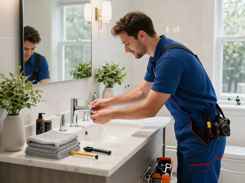 WEFIX London plumber professionally installing a modern faucet in a stylish bathroom.