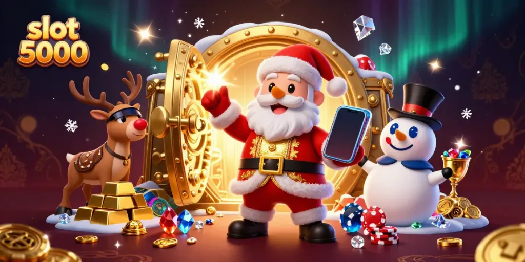 Experience slot 5000 excitement with Santa and friends in a golden casino atmosphere