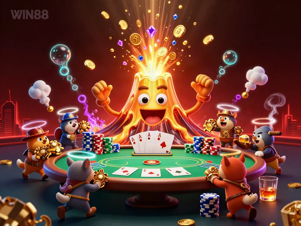 WIN88 emerges victorious as golden coins and gems erupt from a volcano in a colorful casino atmosphere.