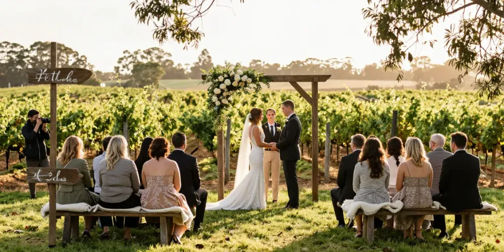 Hunter Valley photographer weddings capturing a couple exchanging vows in a vineyard during golden hour.