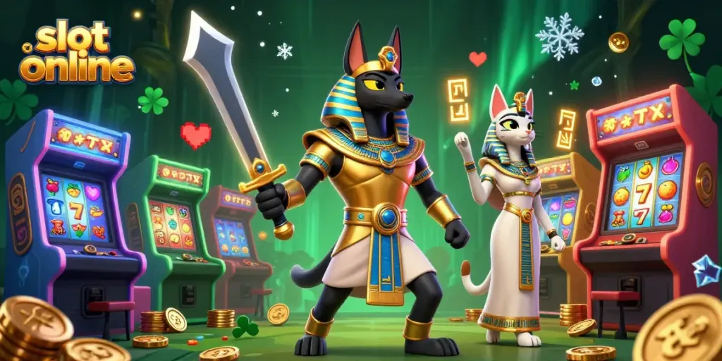 Engage with slot online action featuring Anubis and Bastet amidst vibrant casino elements.
