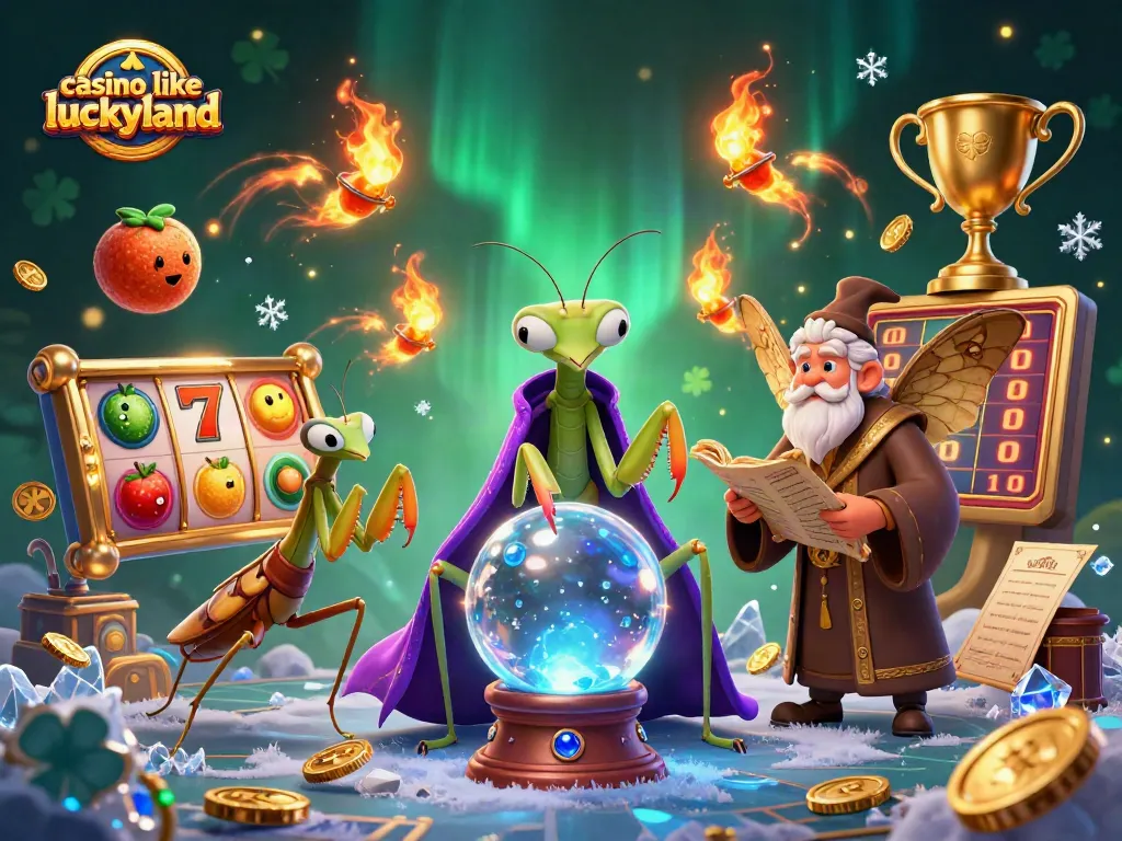 Win big with this casino like luckyland scene featuring vibrant slots, golden coins, and magical characters.