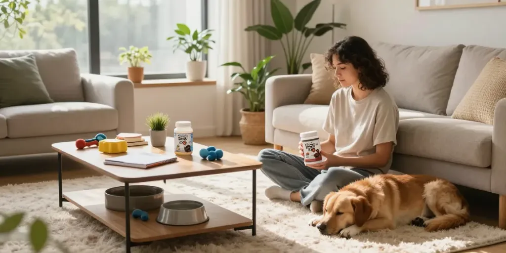Calming Dog Treats in a serene living room setting, emphasizing wellness for anxious pets with natural ingredients.