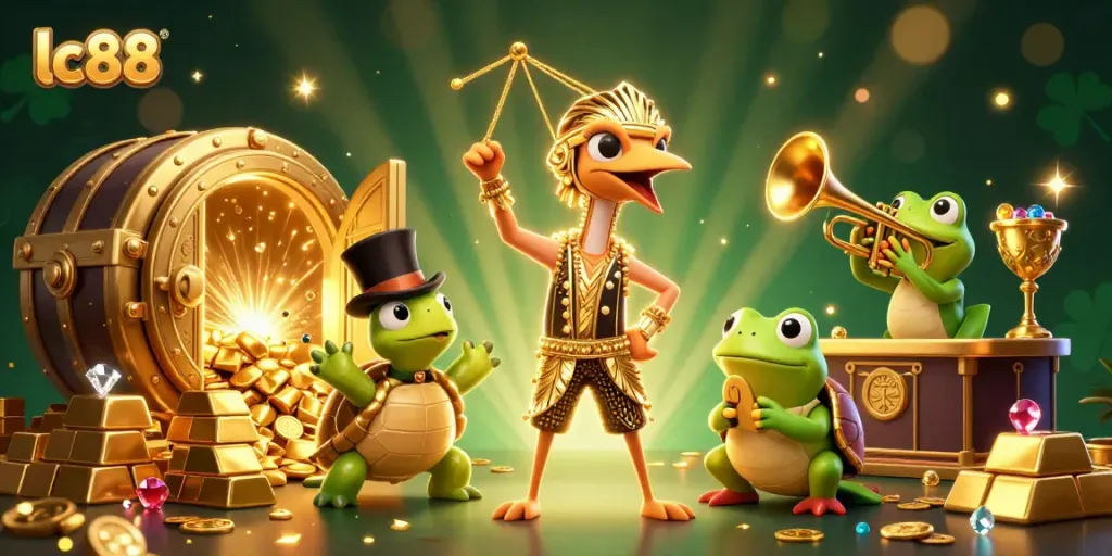 Experience the thrill of lc88 with a vibrant casino scene featuring playful characters and sparkling treasures.