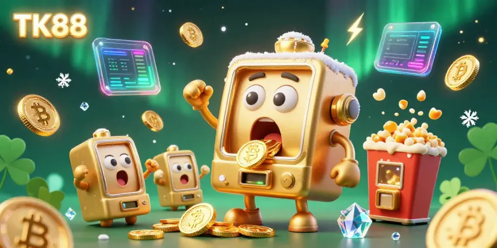 Celebrate wins at TK88 with a golden slot machine in a festive, vibrant casino scene.