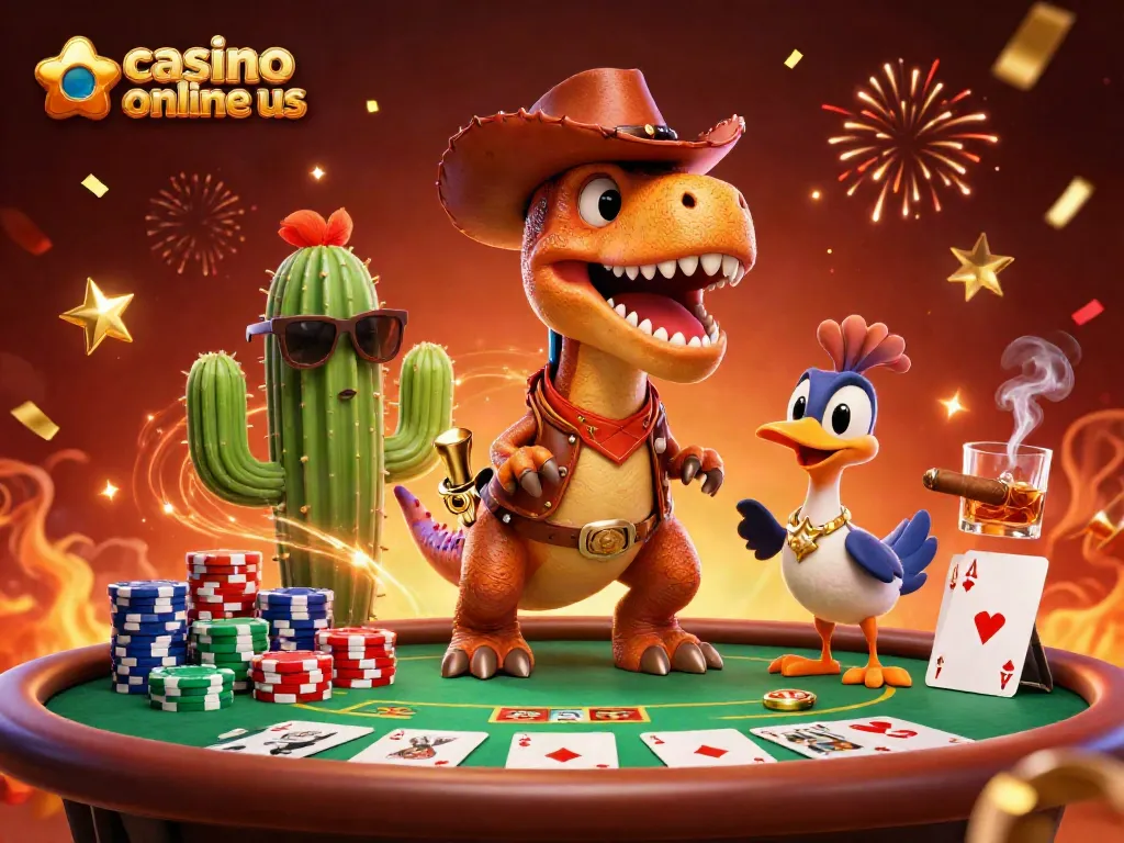 Join the fun at casino online us with a cartoon T-Rex and friends playing poker!