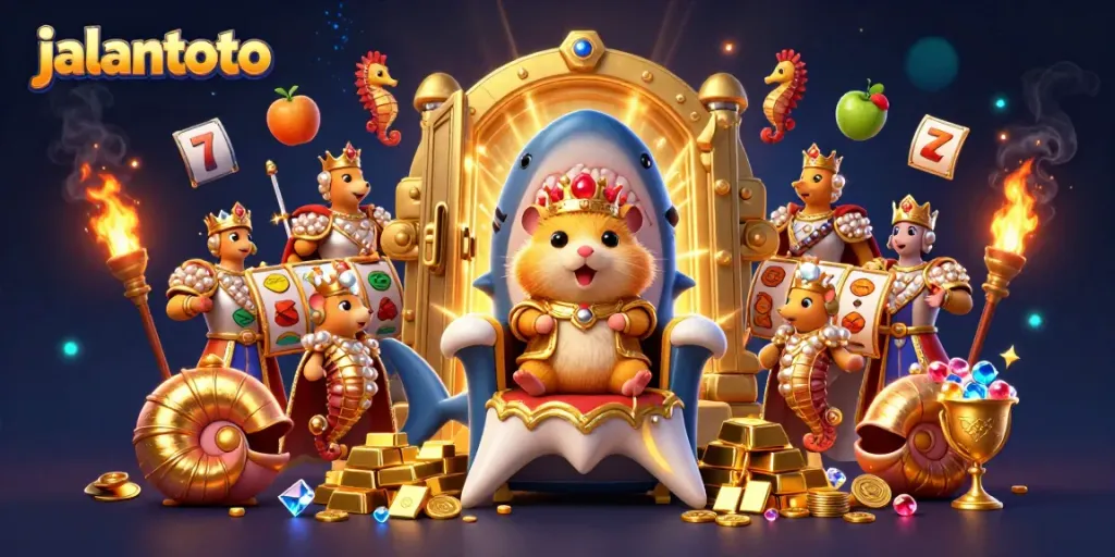 Jalantoto menghadirkan suasana menarik dengan raja hamster emas di atas kursi gigi hiu megalodon dalam slot kasino yang megah.