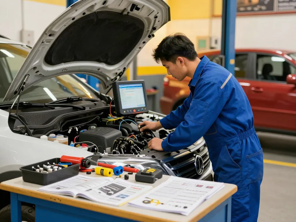 Mechaniker führt DPF-Regeneration an einem Fahrzeug durch und nutzt Diagnosegeräte in einer gut beleuchteten Werkstatt.