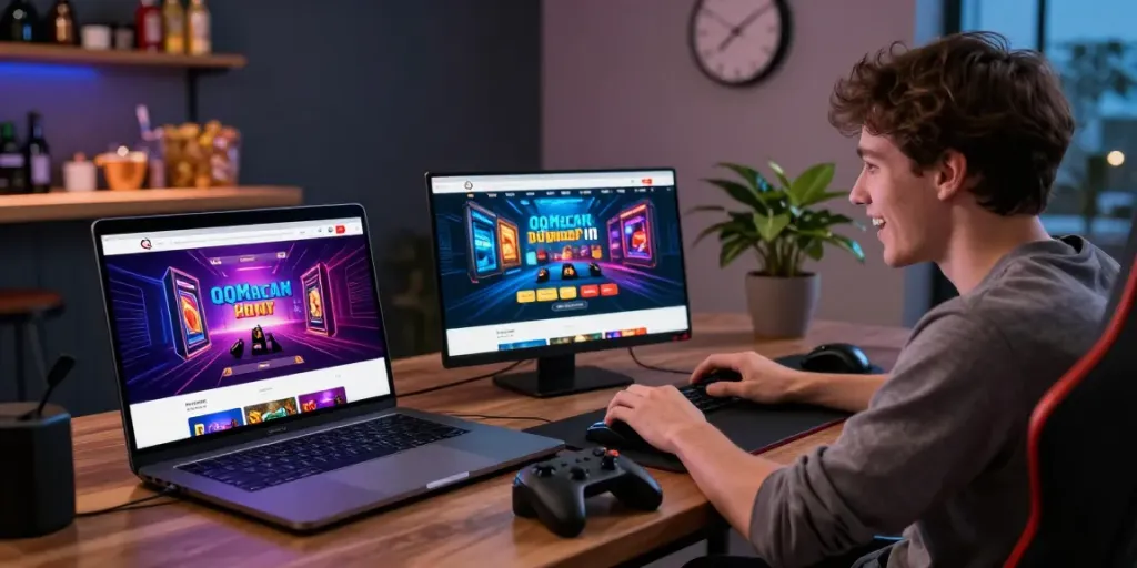 User engaged in qqmacan login on a vibrant laptop in a cozy gaming setup.