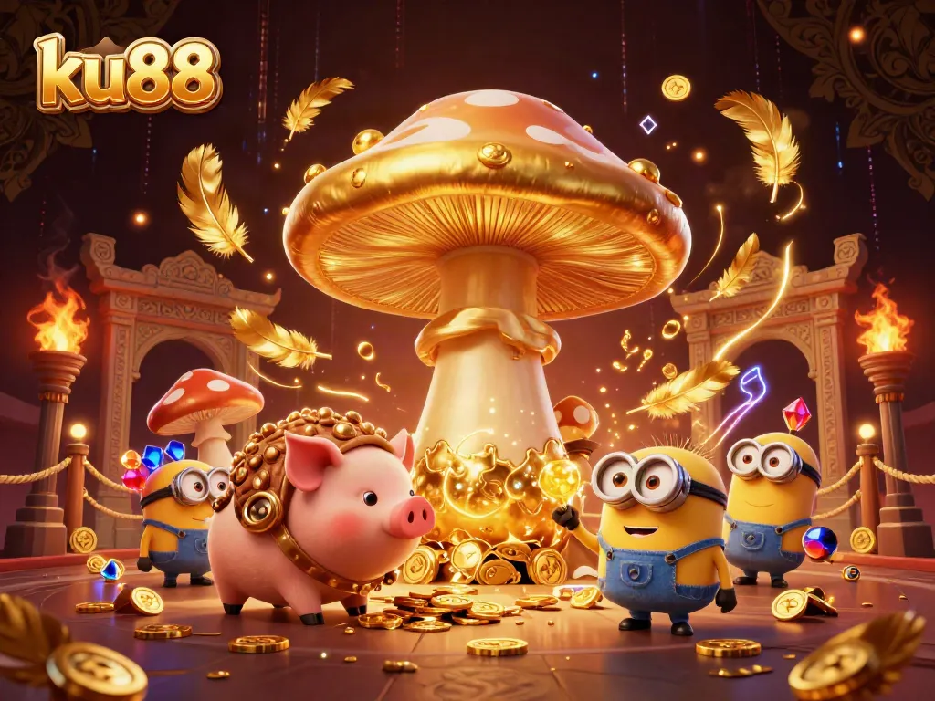 Win big at ku88 with a magical 3D scene filled with golden treasures and vibrant casino elements.