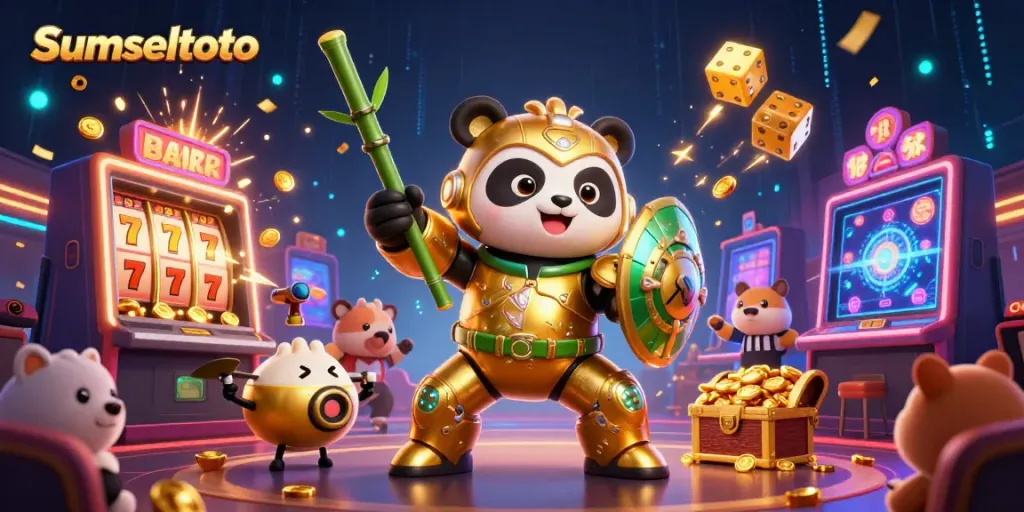 Engage in thrilling gameplay with sumseltoto featuring a golden panda in an exciting casino arena.