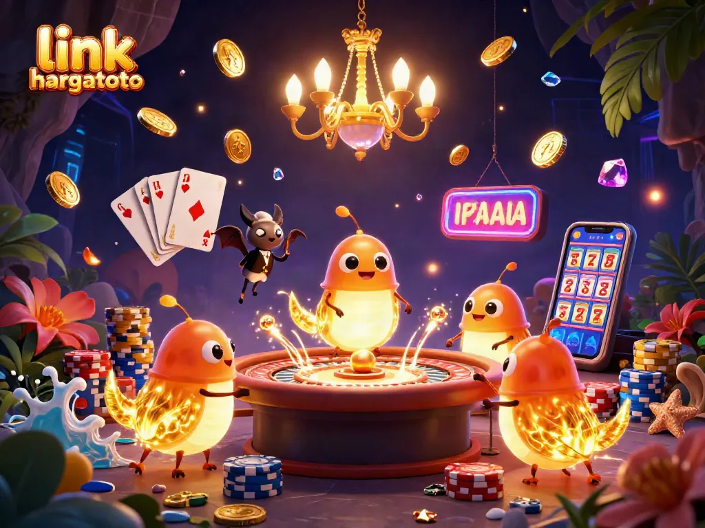 Engage with link hargatoto in a vibrant casino scene filled with glowworms and gaming elements.