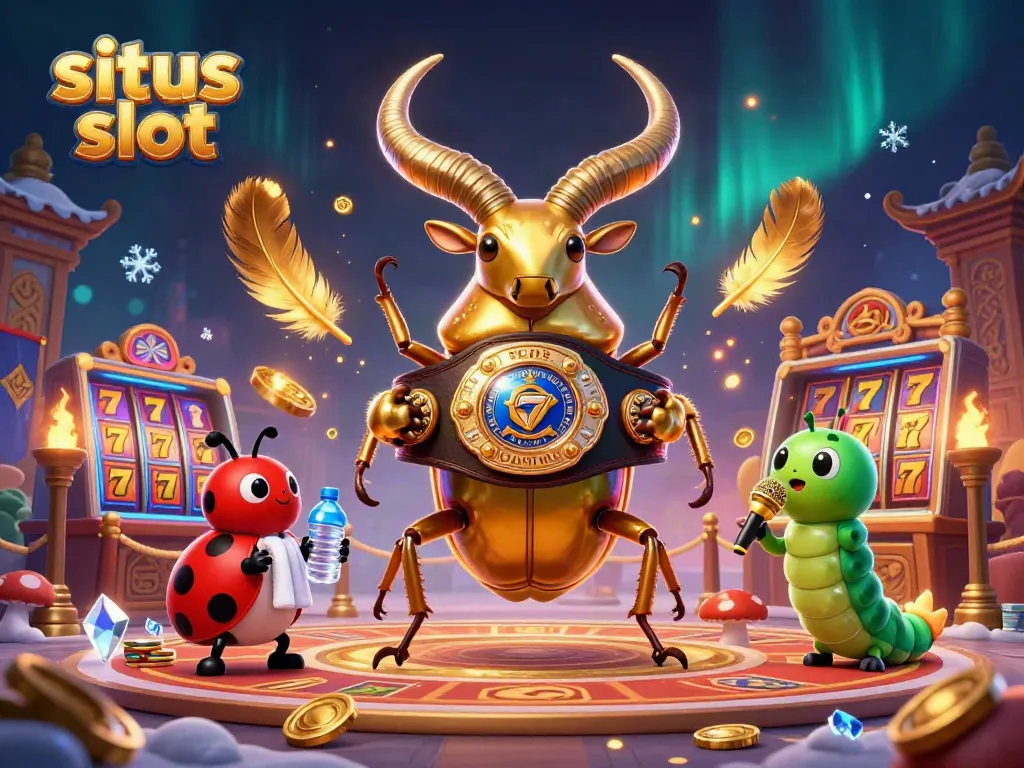 Compete in situs slot with a vibrant 3D casino illustration featuring a giant stag beetle and a lively atmosphere.