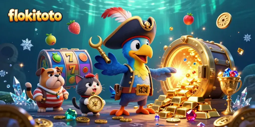 Engage with fun gaming elements in flokitoto, showcasing slots and vivid characters in action.