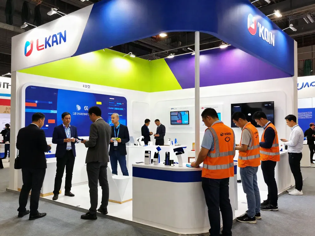 Exhibition Stand Builders creating vibrant, engaging displays at a trade show, showcasing custom-built stands and interactive elements.