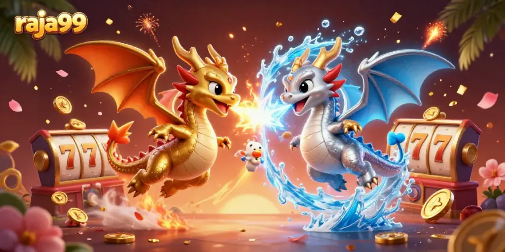 A dynamic scene showcasing raja99 with gold and silver dragons, slot reels, and vibrant gaming elements.