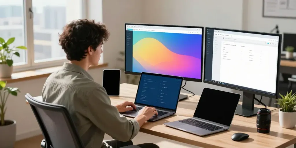 Professional workspace with instant indexing analytics on multiple screens in a modern home office.