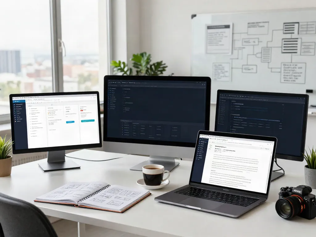 Generate SEO content with AI in a bright digital marketing workspace, featuring multiple screens and brainstorming notes.