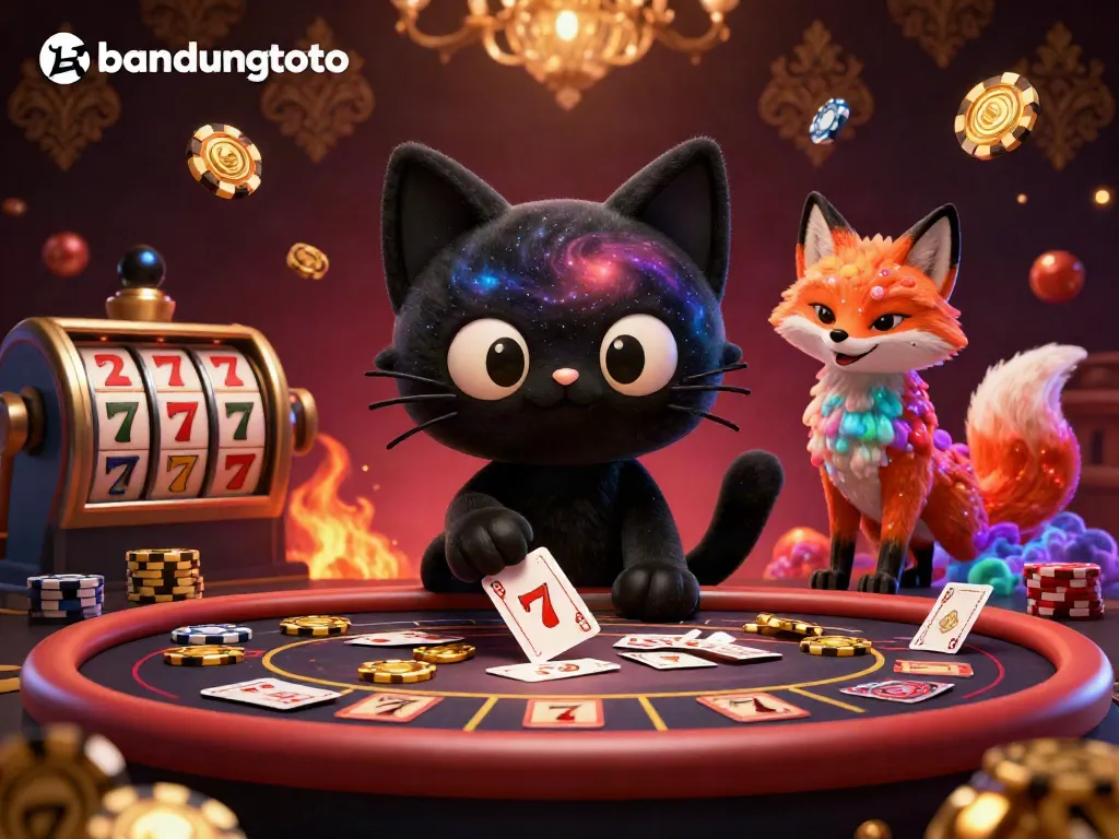 Engaging bandungtoto casino illustration showcasing a black hole cat and colorful nebula fox with gaming elements.