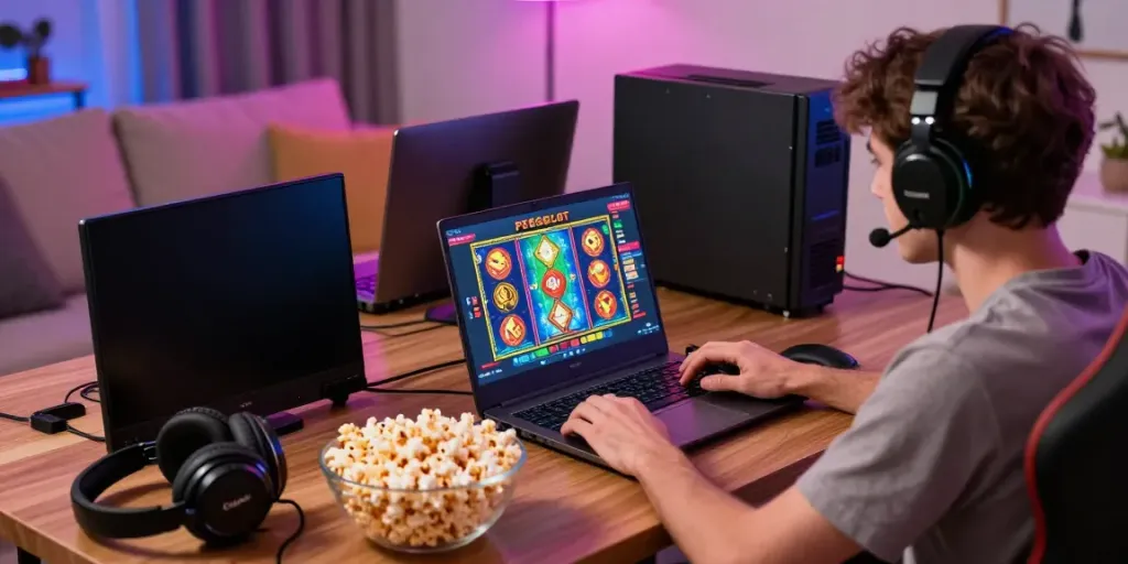 PESGSLOT user enjoying online slot games with vibrant graphics and cozy home setup.