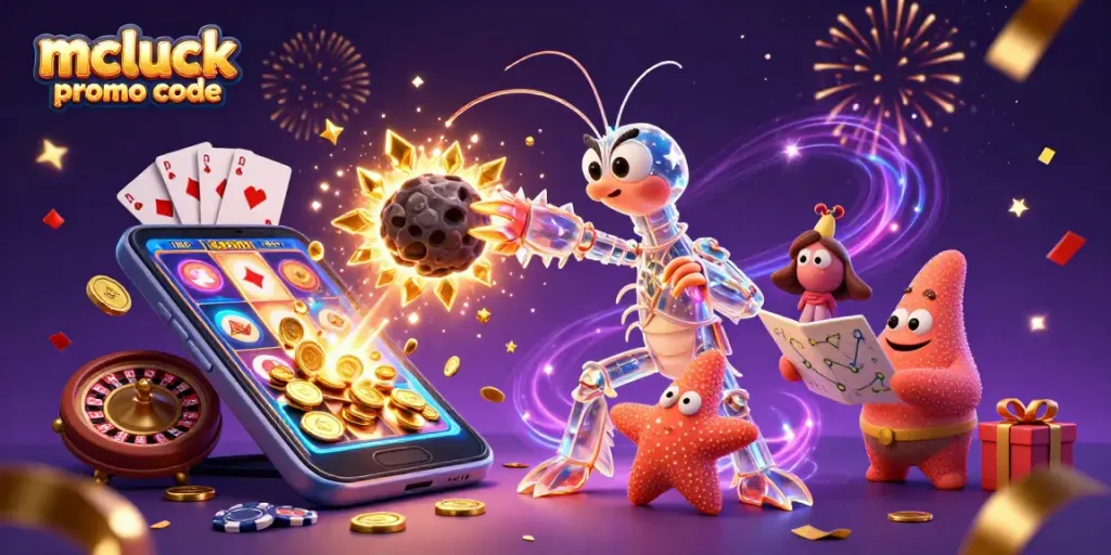 Win big with the mcluck promo code in a vibrant casino-themed 3D digital illustration.