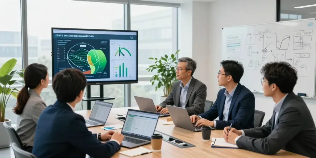 Team of energy consultants discussing heat network regulations in a modern office setting with laptops and presentations.