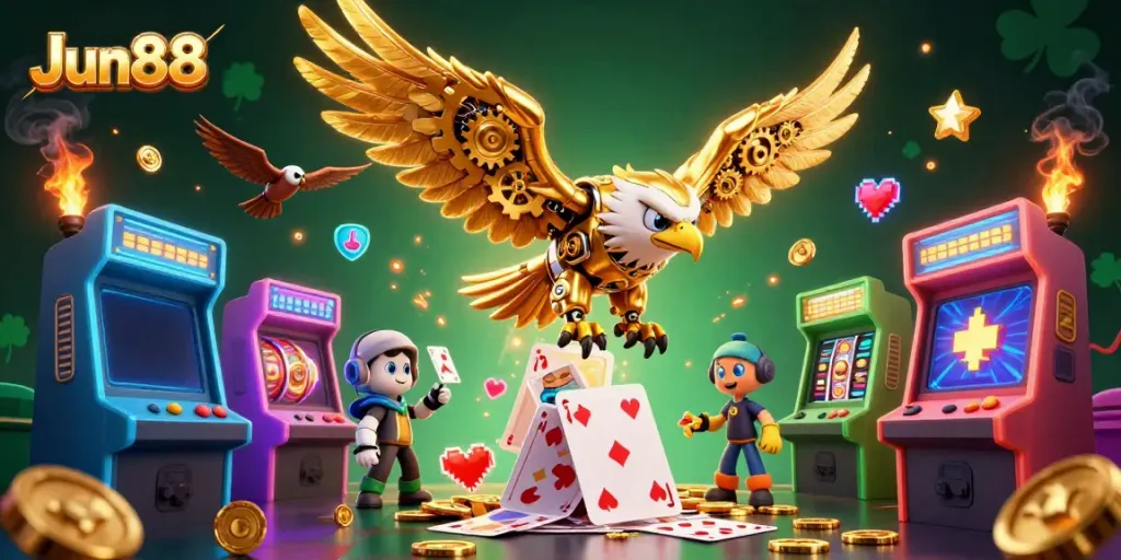 Engage with Jul88’s vibrant casino universe, featuring holographic cards and a golden eagle hero.