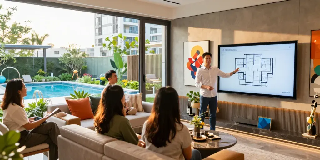 Engaging showcase of a new launch condo with potential buyers exploring modern amenities.