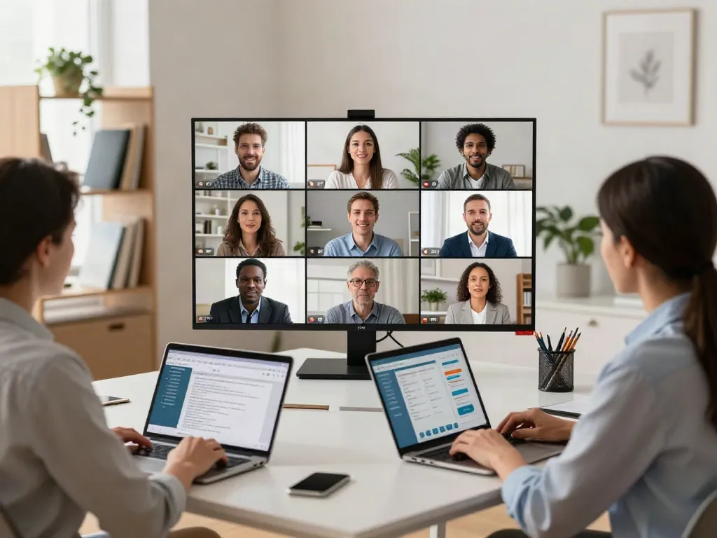 Deepfake protected Online Video Calls in a professional virtual meeting, showcasing diverse participants engaged in secure discussions.