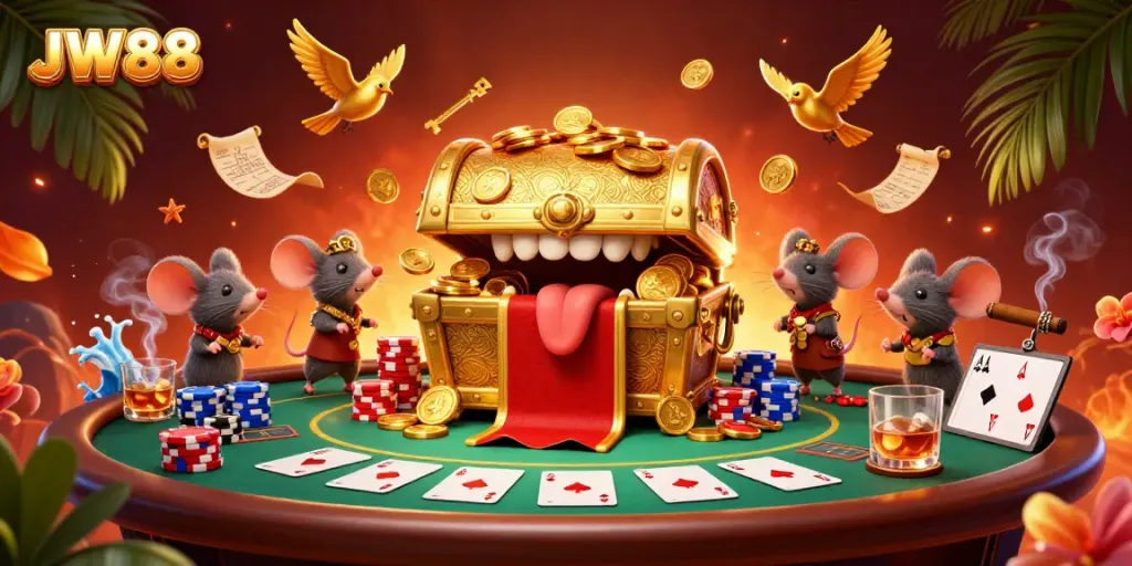 JW88 engages players with a thrilling treasure chest animation scene amidst poker action and vibrant casino elements.