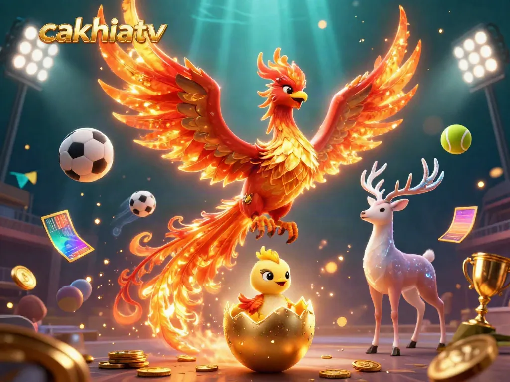 Cakhiatv features an energetic scene with vibrant phoenix characters and dynamic sports elements.
