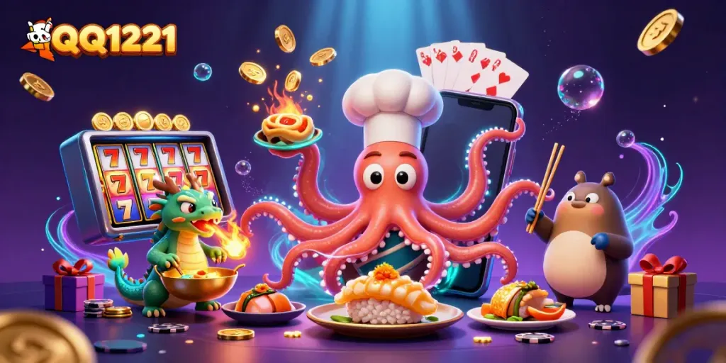 Experience the energetic vibe of QQ1221 with a lively illustration of gambling excitement, featuring vibrant casino elements.