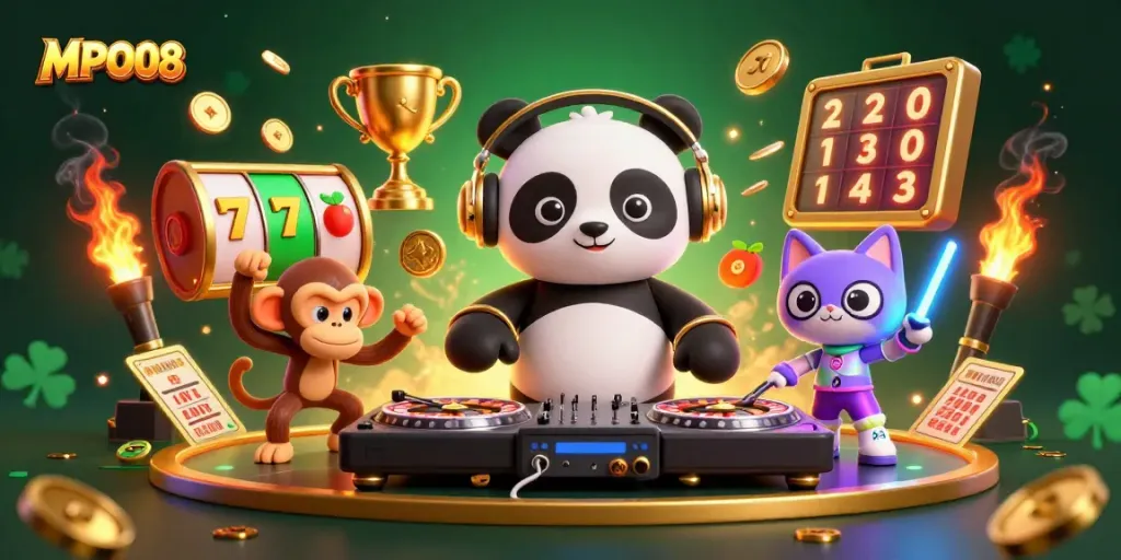 MPO08 showcases a vibrant 3D digital casino scene featuring characters engaging with dynamic slot elements and golden winnings.