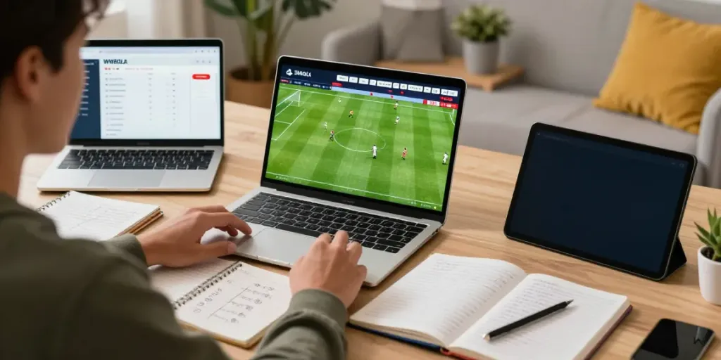 Analyzing match stats and WWBOLA betting odds in a modern home office.