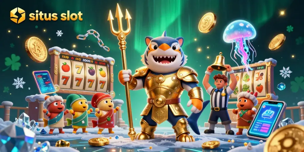 Experience situs slot with a dynamic underwater colosseum starring a gladiator shark and gaming elements.