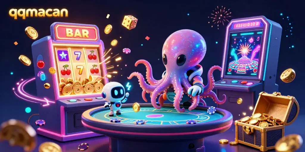Engage in the thrilling world of qqmacan with an alien octopus at a holographic poker table amidst a jackpot explosion.
