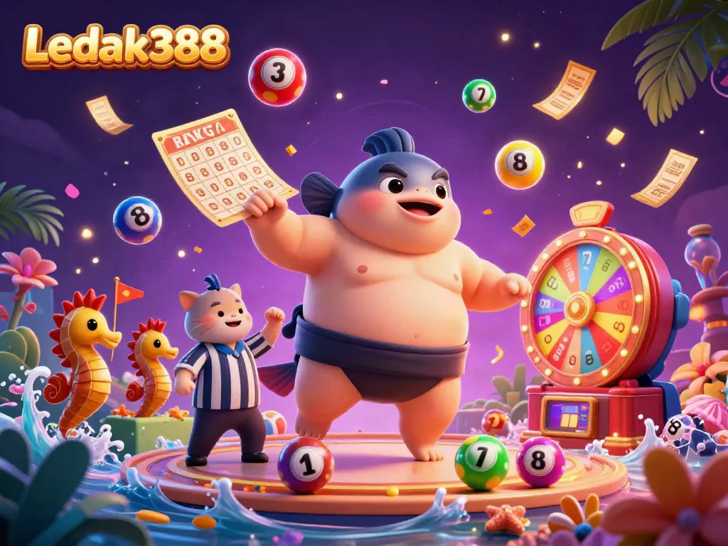 Ledak388 showcases an exciting underwater casino experience with a dynamic fugu character and casino elements.