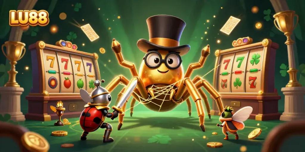 Experience thrilling gaming with LU88 in this dynamic 3D illustration of a golden tarantula and beetle knight.