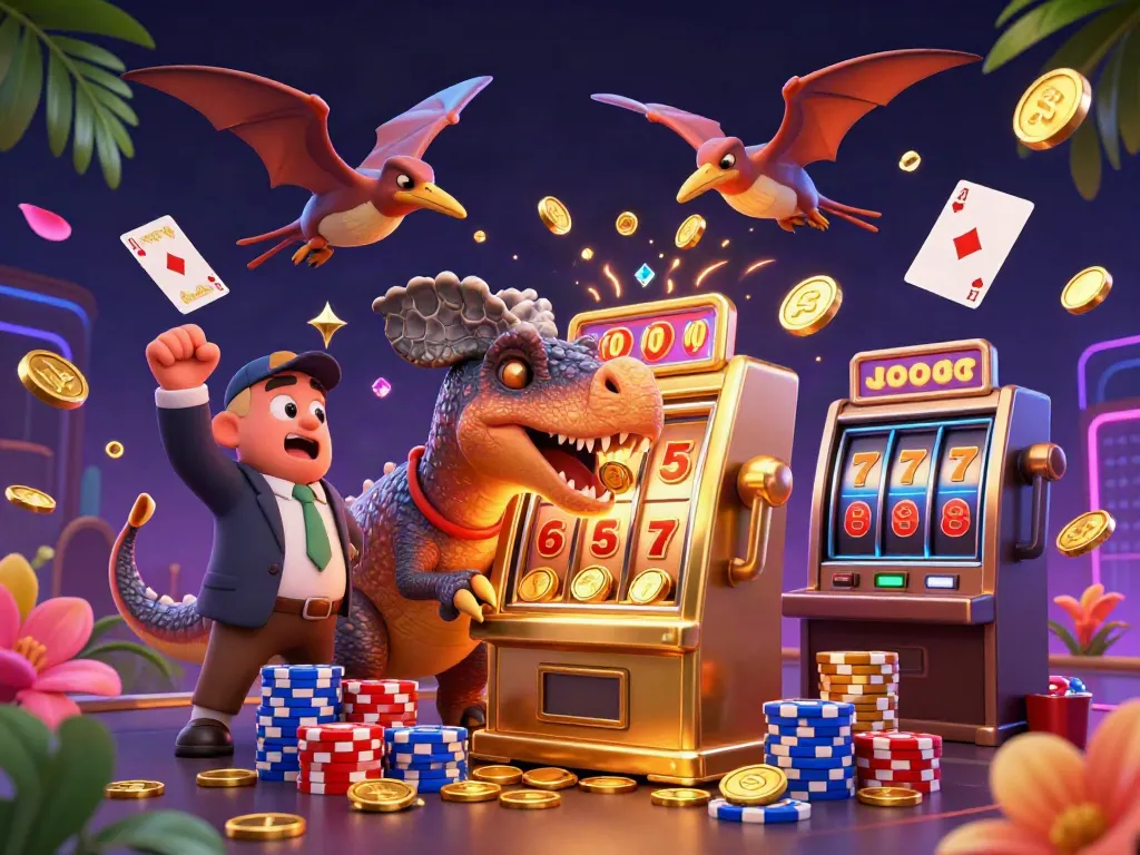 Catch a jackpot with slot88 as a cartoon dinosaur interacts with a golden machine and flying coins.