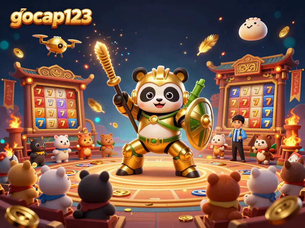 Gocap123 menampilkan panda emas mech dan robot bambu dalam arena slot, dikelilingi penonton hewan.