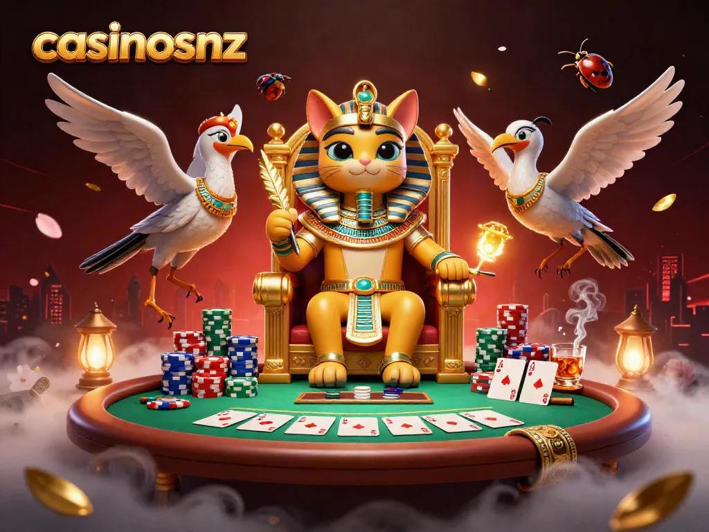 Experience excitement at casinosnz with a vibrant 3D illustration of a royal poker scene featuring a Pharaoh cat.