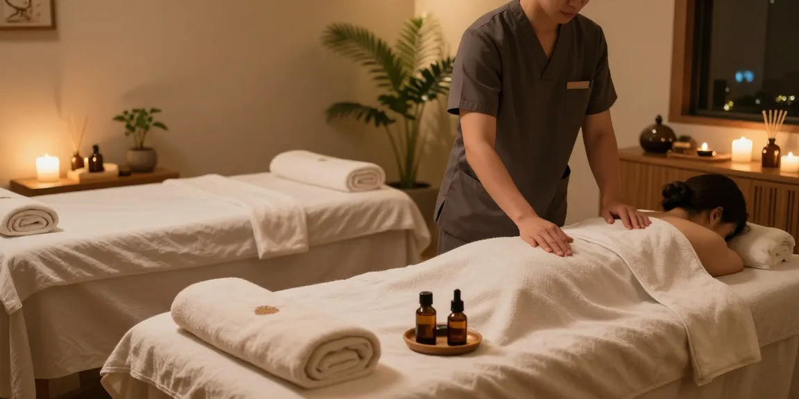 A serene 강남출장마사지 spa scene with soothing oils, calming lights, and a massage table.