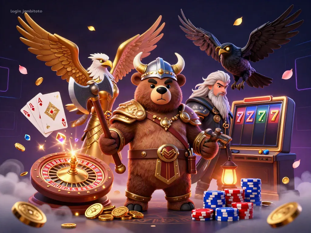 Experience the thrill of login jambitoto with vibrant visuals of a Viking bear and Valkyrie eagle.