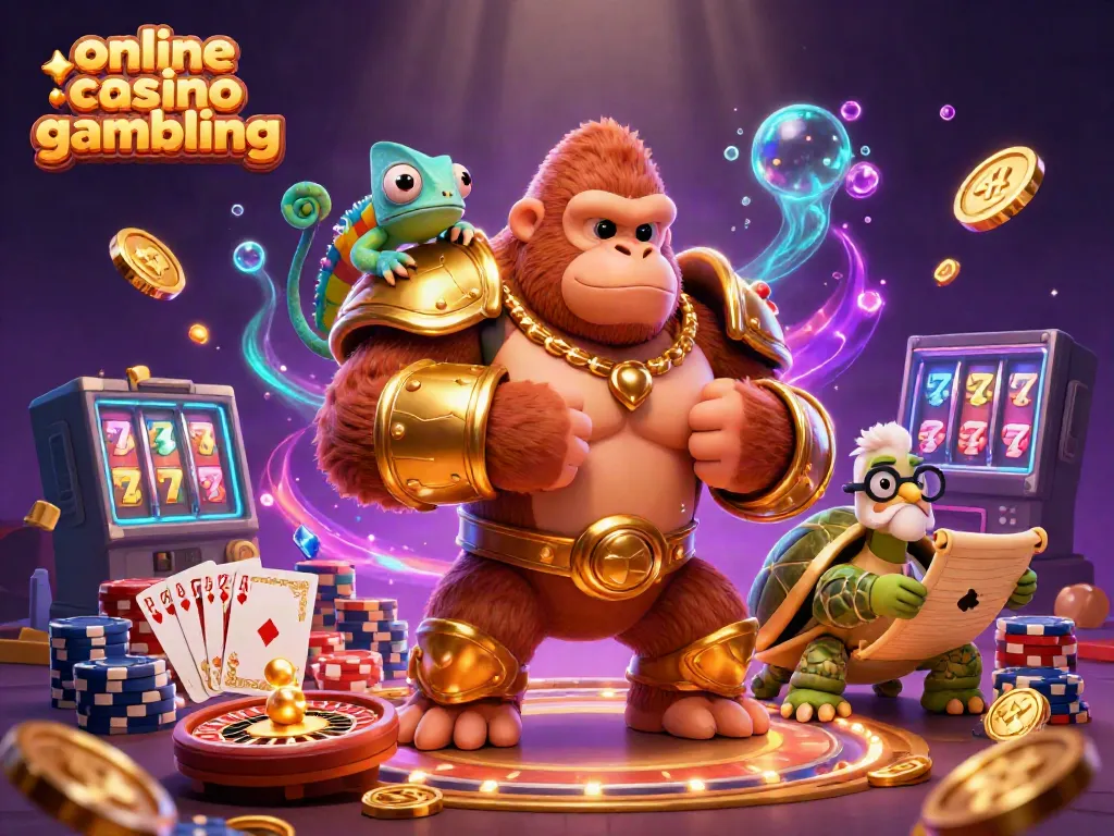 Experience online casino gambling with a powerful gorilla, colorful chameleon, and wise tortoise amid cascading coins and gems.